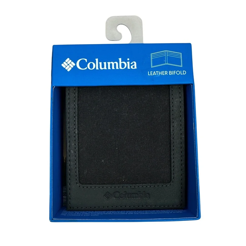 Columbia Mens Black Leather Bifold Wallet RFID Blocking Canvas Inlay Card Holder